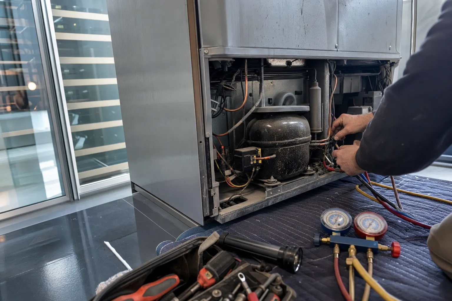 Manifold gauges beside a built-in refrigerator pulled out, lower panel off, hands working at the compressor
