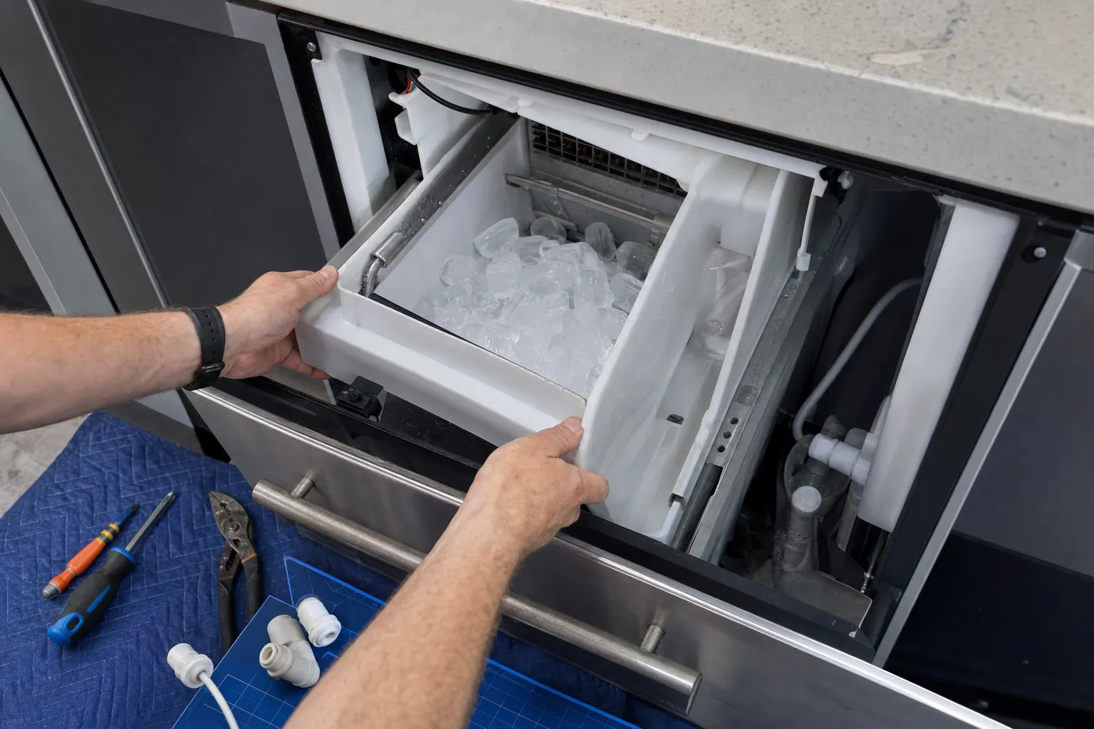 Hands lifting a full ice bin out of an undercounter ice maker, water line fittings and tools laid out nearby